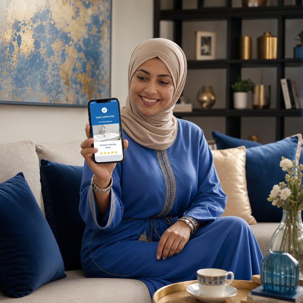 Satisfied client reviewing a completed job on her phone