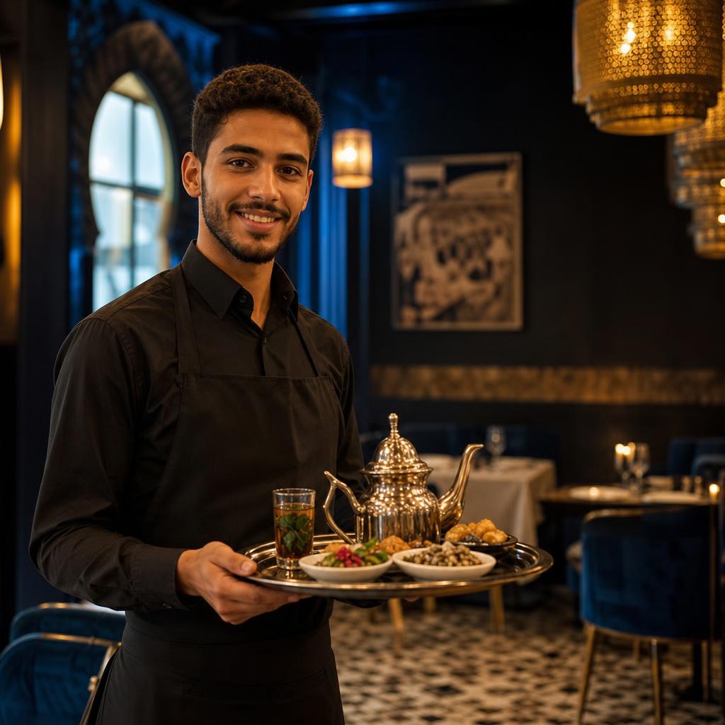 Hospitality professional serving guests in a Tangier restaurant