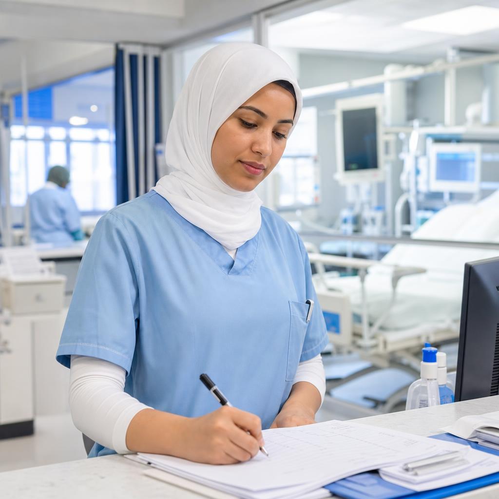 Nurse wearing a hijab working in a modern Moroccan hospital